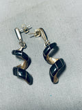Fabulous Vintage Native American Navajo Jet Sterling Silver Twirl Dangle Earrings-Nativo Arts