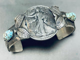Amazing Vintage Native American Navajo Pilot Mountain Turquoise & Coin Sterling Silver Bracelet-Nativo Arts