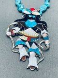 Huge Kachina Dancer Native American Zuni Turquoise Inlay Sterling Silver Necklace-Nativo Arts