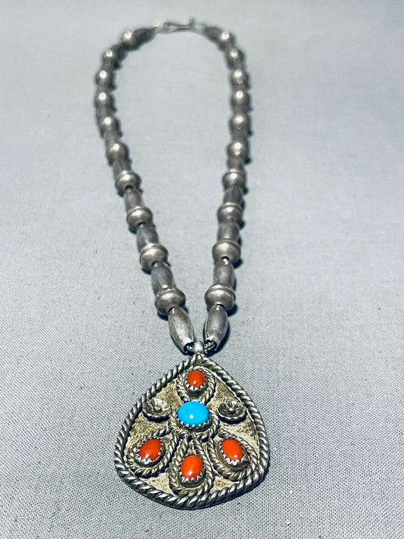 Amazing Vintage Native American Navajo Turquoise Coral Sterling Silver Necklace Old-Nativo Arts