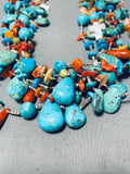 Amazing Native American Navajo Turquoise Coral Spiny 6 Strand Silver Treasure Necklace-Nativo Arts