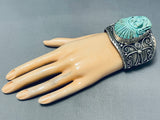 Gasp! 145 Gram Hand Carved Chief Navajo Turquoise Sterling Silver Bracelet-Nativo Arts