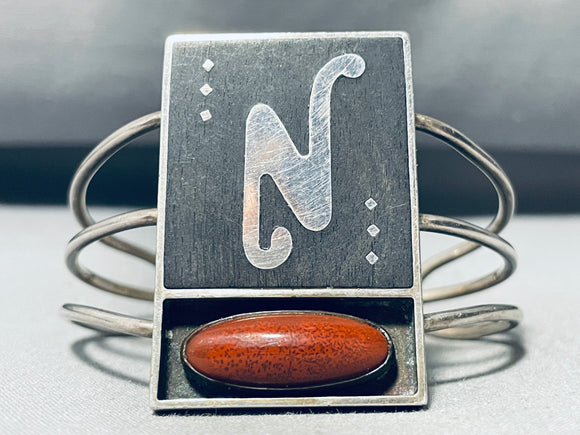 Rare Vintage Native American Navajo Coral Sterling Silver Bracelet Cuff Old-Nativo Arts