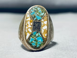 Illustrious Vintage Native American Navajo Turquoise Chip Inlay Sterling Silver Huge Ring-Nativo Arts