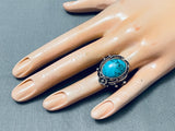 Spiderweb Turquoise Leaves Vintage Native American Navajo Sterling Silver Ring Old