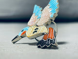 Marvelous Native American Zuni Signed Blue Gem Coral Inlay Silver Hummingbird Huge Ring-Nativo Arts