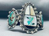 Heavy 151 Grams Vintage Native American Navajo Turquoise Bird Inlay Sterling Silver Bracelet-Nativo Arts