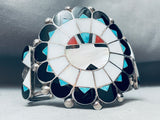 Heavy Huge Vintage Native American Zuni Inlay Sterling Silver Sun Bracelet-Nativo Arts