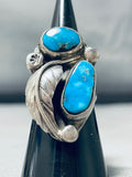 Superior Vintage Native American Navajo 2 Turquoise Mountain Sterling Silver Ring-Nativo Arts