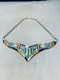 Super Intricate!! Vintage Zuni Turquoise Inlay Sterling Silver Necklace-Nativo Arts