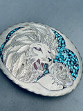 Very Rare Lion Vintage Native American Navajo Turquoise Sterling Silver Inlay Buckle-Nativo Arts