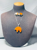 Family Of Bears Vintage Native American Navajo Spiny Oyster Sterling Silver Necklace Earrings-Nativo Arts