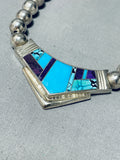 Ray Tracey Vintage Native American Navajo Turquoise Inlay Sterling Silver Necklace-Nativo Arts