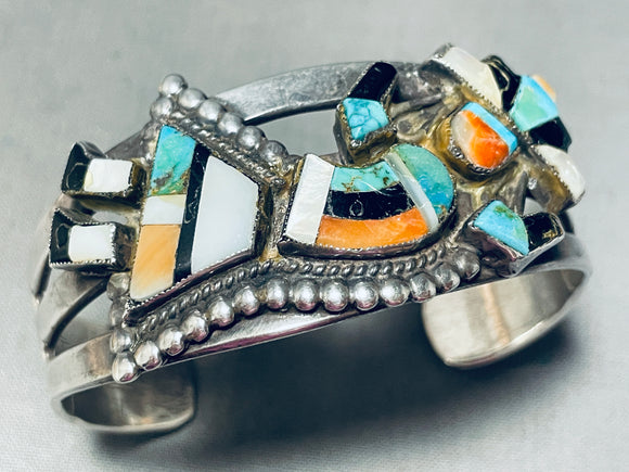 Early Vintage Native American Zuni Turquoise Inlay Sterling Silver Bracelet Cuff-Nativo Arts