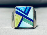 Very Rare!! Vintage Santo Domingo Turquoise Inlay Sterling Silver Ring-Nativo Arts