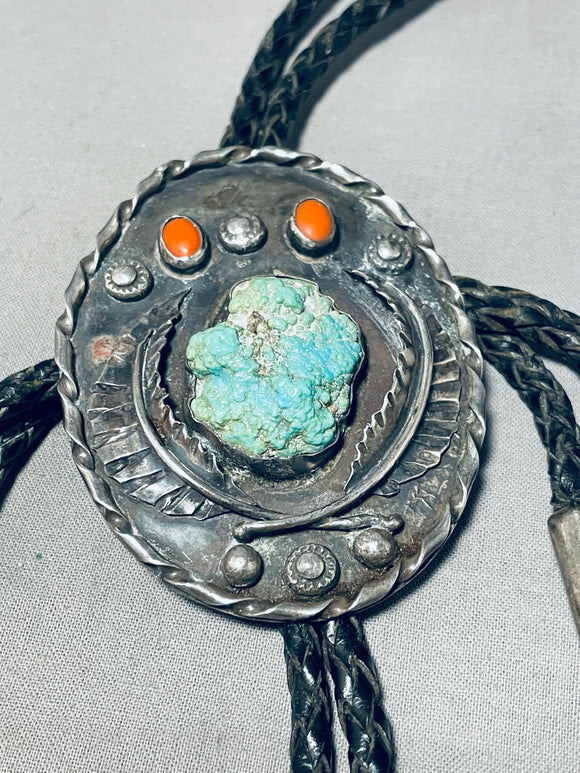 Quality!! Vintage Native American Navajo Turquoise Coral Sterling Silver Bolo Tie-Nativo Arts