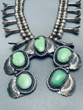 Gorgeous Vintage Native American Navajo Green Turquoise Sterling Silver Squash Blossom Necklace-Nativo Arts