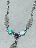 Gorgeous Vintage Native American Navajo Feather Turquoise Sterling Silver Necklace-Nativo Arts