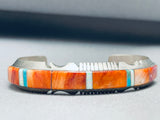 6.5 Inch Wrist Native American Navajo Orange Shell Sterling Silver Inlay Bracelet Cuff-Nativo Arts