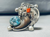 Huge Native American Navajo Turquoise Coral Sterling Silver Bear Ring-Nativo Arts