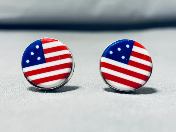 Patriotic Signed Native American Navajo Inlay Coral Lapis Shell Sterling Silver Cufflinks-Nativo Arts