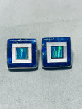 Dazzling Native American Navajo Inlay Lapis Opal Mother Of Pearl Sterling Silver Square Earrings-Nativo Arts