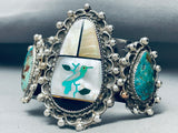 Heavy 151 Grams Vintage Native American Navajo Turquoise Bird Inlay Sterling Silver Bracelet-Nativo Arts