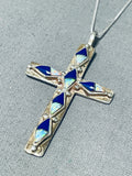 Glorious Native American Navajo Lapis Synthetic Opal Sterling Silver Cross Necklace-Nativo Arts