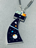 Eye-catching Native American Navajo Turquoise, Opal, Jet Sterling Silver Signed Kachina Necklace-Nativo Arts