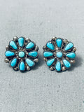 Early Vintage Native American Zuni Turquoise Flower Sterling Silver Earrings