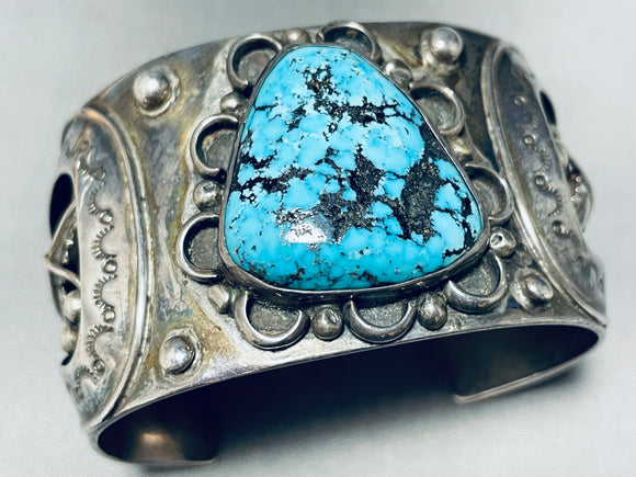 Heavy 103 Gram Vintage Native American Navajo Blue Diamond Turquoise Sterling Silver Bracelet-Nativo Arts