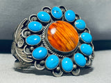 Huge Vintage Native American Navajo Spiny Oyster, Blue Gem Turquoise Sterling Silver Bracelet-Nativo Arts