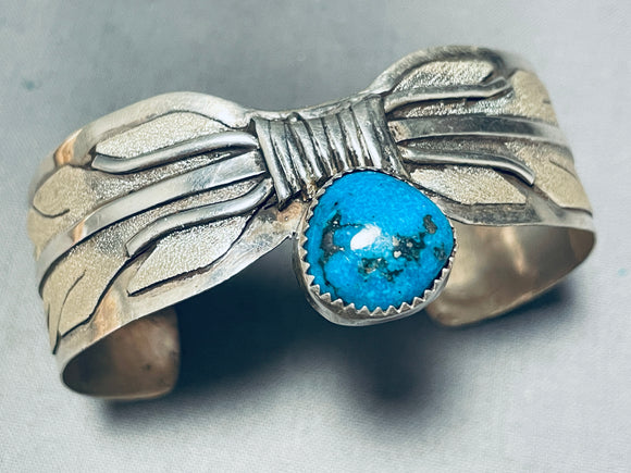 Dropdead Fab Feather Vintage Native American Navajo Turquoise Sterling Silver Bracelet-Nativo Arts