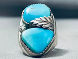 HEAVY TALL VINTAGE NAVAJO TURQUOISE STERLING SILVER LEAF RING