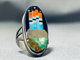 Fascinating Native American Navajo Signed Micro Inlay Turquoise Jet Coral Sterling Silver Ring-Nativo Arts