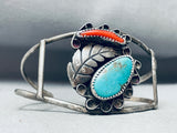 Superior Vintage Native American Navajo Blue Turquoise Leaf Sterling Silver Bracelet Cuff Old-Nativo Arts