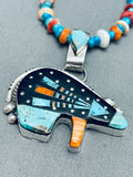 Super Intricate Native American Navajo Bear Turquoise Inlay Sterling Silver Necklace-Nativo Arts