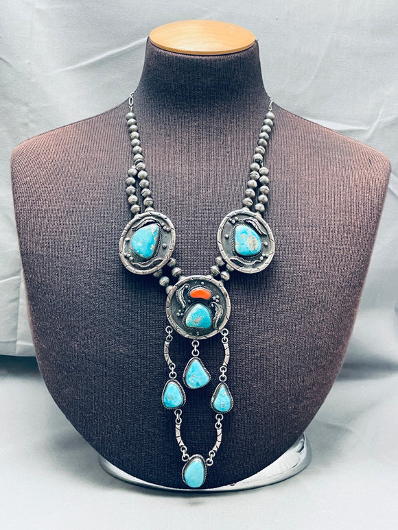 One Of The Best Ever Vintage Native American Navajo Turquoise Sterling Silver Coral Necklace-Nativo Arts