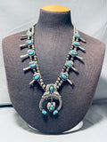 Womens Fabulous Vintage Native American Navajo Turquoise Sterling Silver Squash Blossom Necklace-Nativo Arts