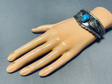 Gasp! Vintage Native American Navajo Morenci Turquoise Sterling Silver Leaf Bracelet-Nativo Arts