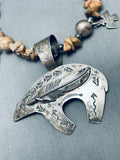 Bear And Feather Vintage Native American Navajo Pietersite Sterling Silver Necklace-Nativo Arts