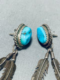 Brilliant Vintage Native American Navajo Morenci Turquoise Sterling Silver Feather Earrings-Nativo Arts
