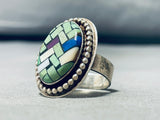 One Of The Most Intricate Vintage Native American Navajo Green Turquoise Sterling Silver Ring-Nativo Arts