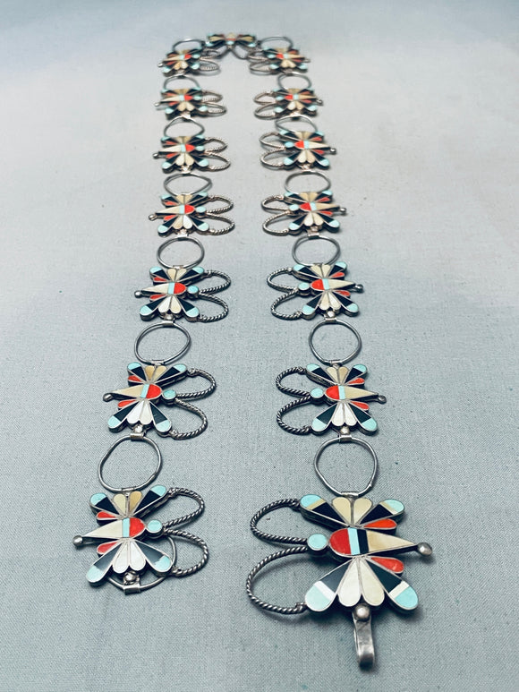 Native American Intricate Vintage Zuni Butterfly Inlay Sterling Silver Turquoise Concho Belt-Nativo Arts