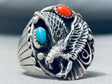 Huge Heavy Vintage Native American Navajo Eagle Sterling Silver Turquoise Ring