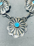 Exquisite Native American Navajo Old Kingman Turquoise Sterling Silver Concho Necklace-Nativo Arts