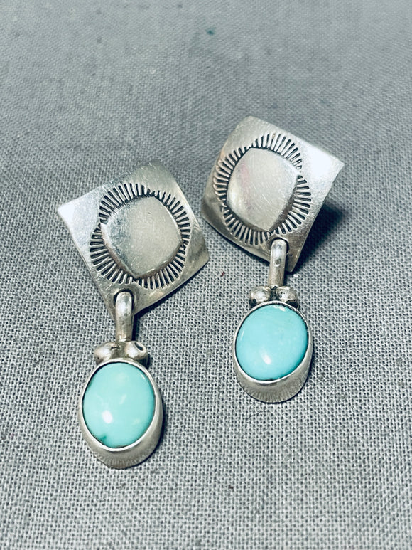 Impressive Vintage Native American Zuni Blue Gem Turquoise Sterling Silver Signed Earrings-Nativo Arts