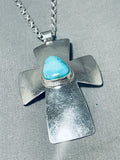 Impressive Native American Navajo Blue Gem Turquoise Sterling Silver Signed Cross Necklace-Nativo Arts