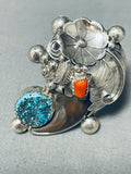 Huge Native American Navajo Turquoise Coral Sterling Silver Bear Ring-Nativo Arts