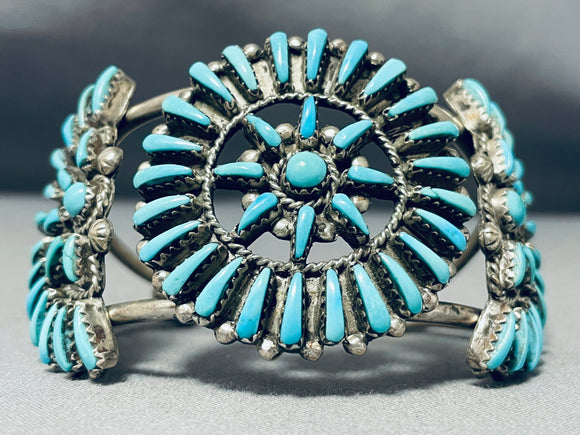 Signed Vintage Native American Zuni Turquoise Sterling Silver Wagonwheel Bracelet-Nativo Arts
